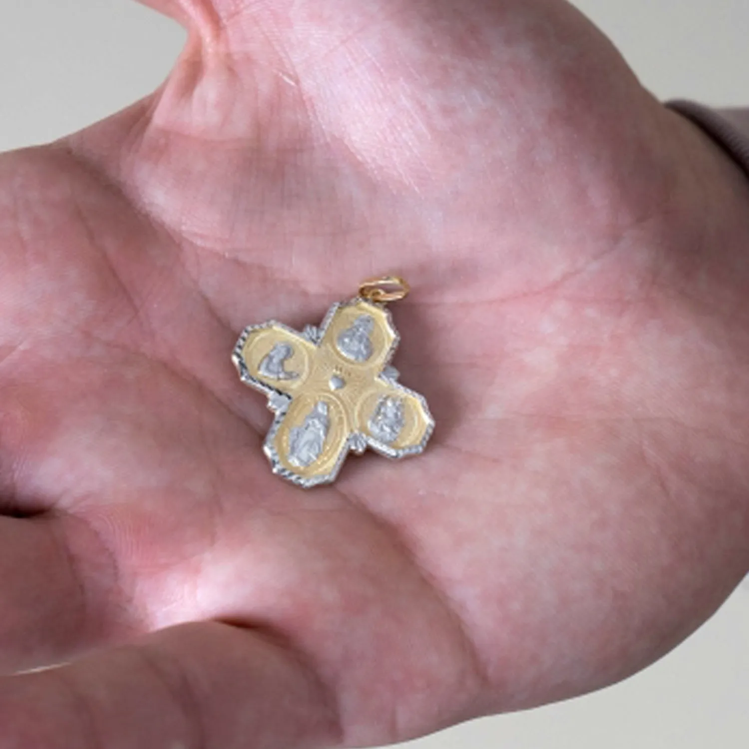 14K Gold Four Way Cross Charm I Am Catholic Please Call A Priest Pendant with Texture - Yellow Gold