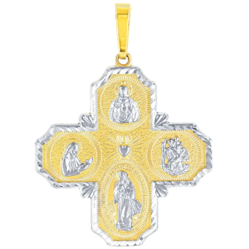 14K Gold Four Way Cross Charm I Am Catholic Please Call A Priest Pendant with Texture - Yellow Gold