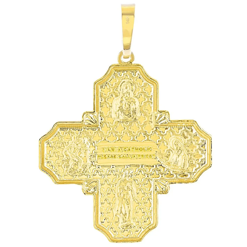 14K Gold Four Way Cross Charm I Am Catholic Please Call A Priest Pendant with Texture - Yellow Gold