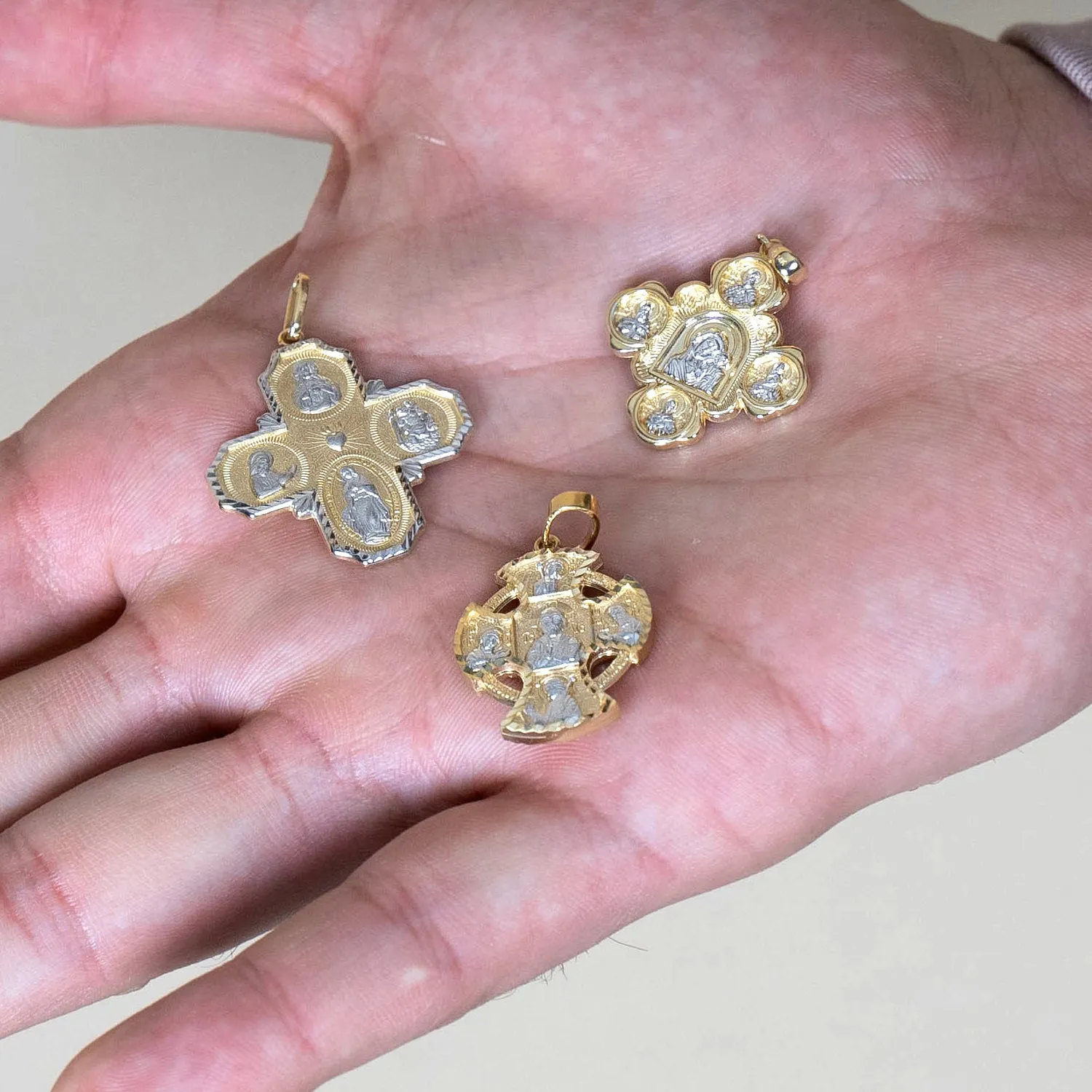 14K Gold Four Way Cross Charm I Am Catholic Please Call A Priest Pendant with Texture - Yellow Gold