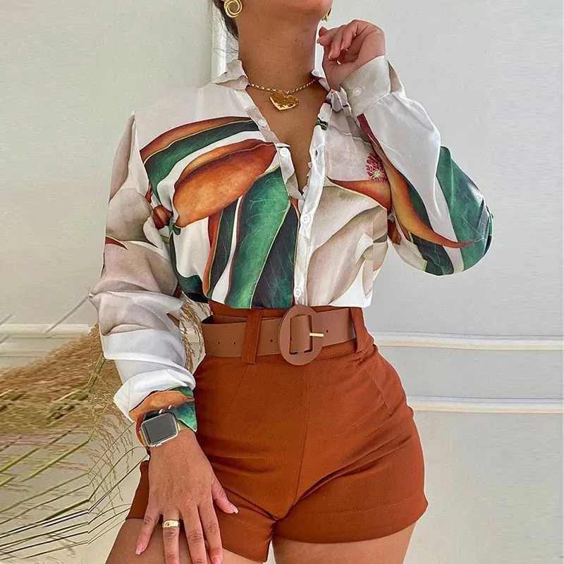 2023 New Design Women Floral Print Stand Collar Long Sleeve Tie Front Causal Top Shirt Blouse V Neck Ladies Top Casual Button