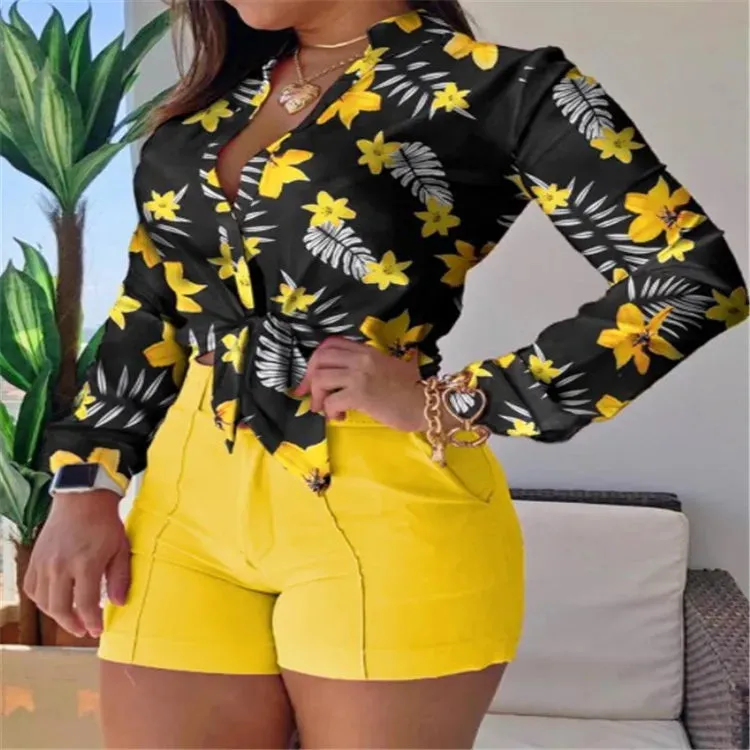 2023 New Design Women Floral Print Stand Collar Long Sleeve Tie Front Causal Top Shirt Blouse V Neck Ladies Top Casual Button