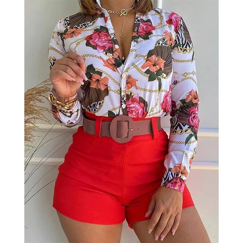 2023 New Design Women Floral Print Stand Collar Long Sleeve Tie Front Causal Top Shirt Blouse V Neck Ladies Top Casual Button