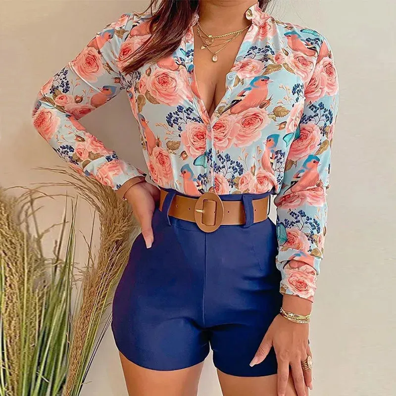 2023 New Design Women Floral Print Stand Collar Long Sleeve Tie Front Causal Top Shirt Blouse V Neck Ladies Top Casual Button