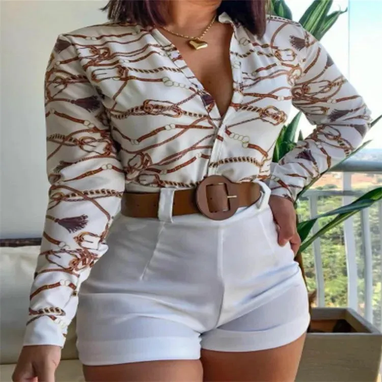 2023 New Design Women Floral Print Stand Collar Long Sleeve Tie Front Causal Top Shirt Blouse V Neck Ladies Top Casual Button