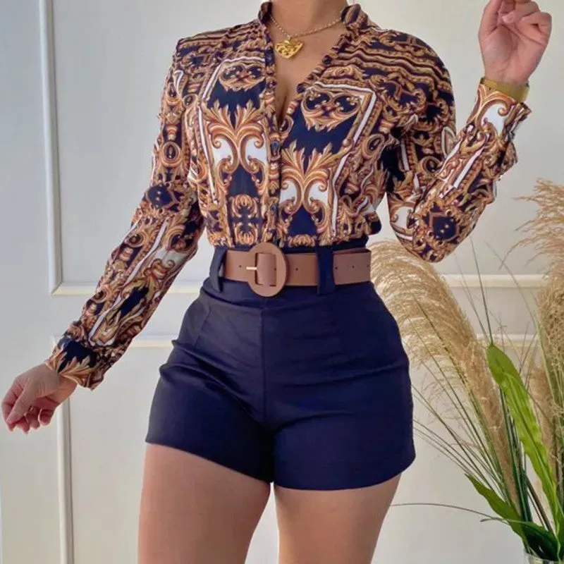 2023 New Design Women Floral Print Stand Collar Long Sleeve Tie Front Causal Top Shirt Blouse V Neck Ladies Top Casual Button