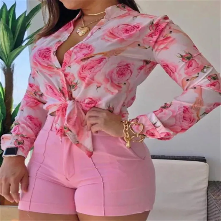 2023 New Design Women Floral Print Stand Collar Long Sleeve Tie Front Causal Top Shirt Blouse V Neck Ladies Top Casual Button