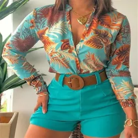 2023 New Design Women Floral Print Stand Collar Long Sleeve Tie Front Causal Top Shirt Blouse V Neck Ladies Top Casual Button