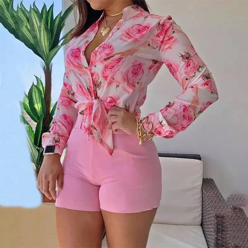 2023 New Design Women Floral Print Stand Collar Long Sleeve Tie Front Causal Top Shirt Blouse V Neck Ladies Top Casual Button
