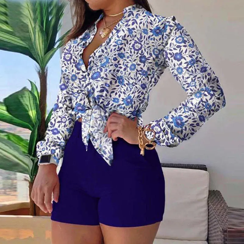 2023 New Design Women Floral Print Stand Collar Long Sleeve Tie Front Causal Top Shirt Blouse V Neck Ladies Top Casual Button