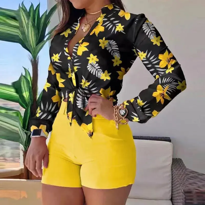 2023 New Design Women Floral Print Stand Collar Long Sleeve Tie Front Causal Top Shirt Blouse V Neck Ladies Top Casual Button