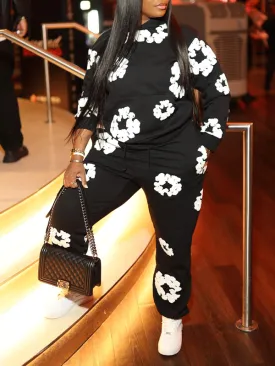 2Pcs Long Sleeve Floral Print Hoodie Set
