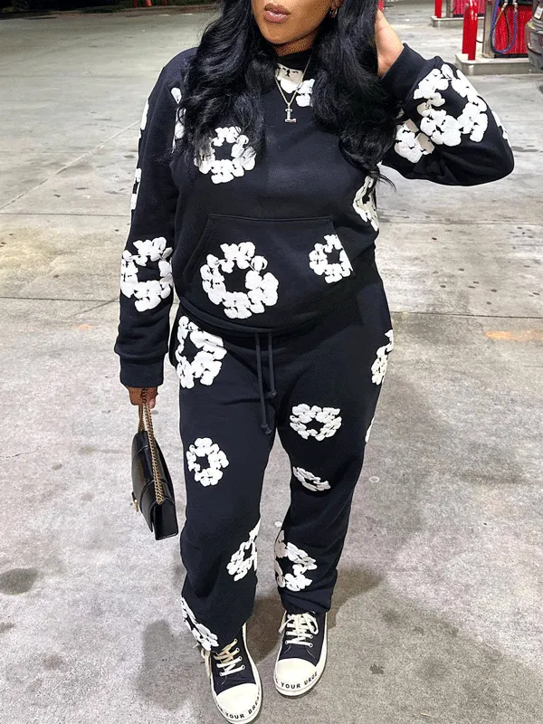 2Pcs Long Sleeve Floral Print Hoodie Set