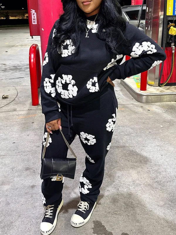 2Pcs Long Sleeve Floral Print Hoodie Set