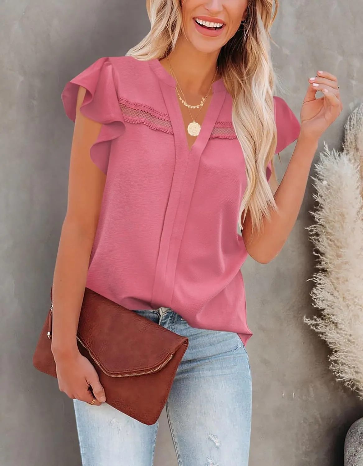 Aifer Womens Summer Blouses Dressy Casual V Neck Lace Crochet Flutter Short Sleeve Work Shirts Trendy Tops 2025