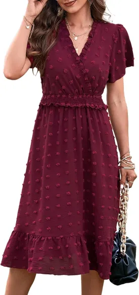 BTFBM Women Short Sleeve V Neck Swiss Dot Midi Summer Dresses 2024 Boho Ruffle Long Dresses Ruffle Wedding Guest Dress