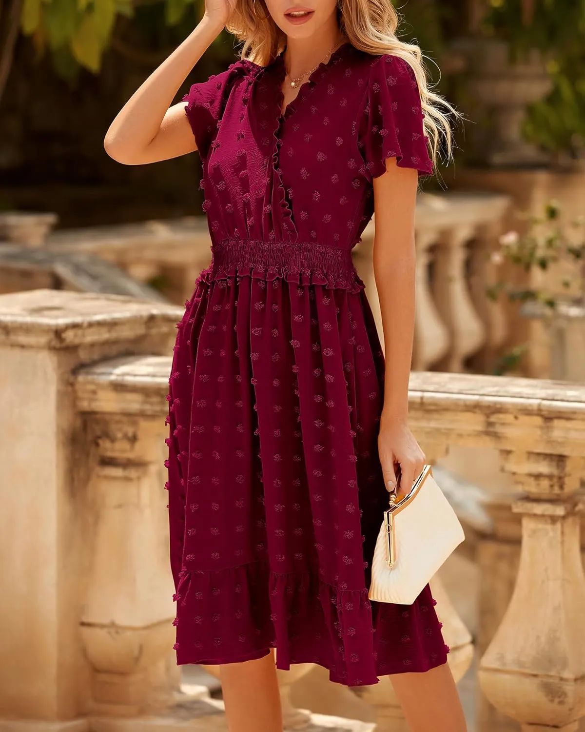 BTFBM Women Short Sleeve V Neck Swiss Dot Midi Summer Dresses 2024 Boho Ruffle Long Dresses Ruffle Wedding Guest Dress