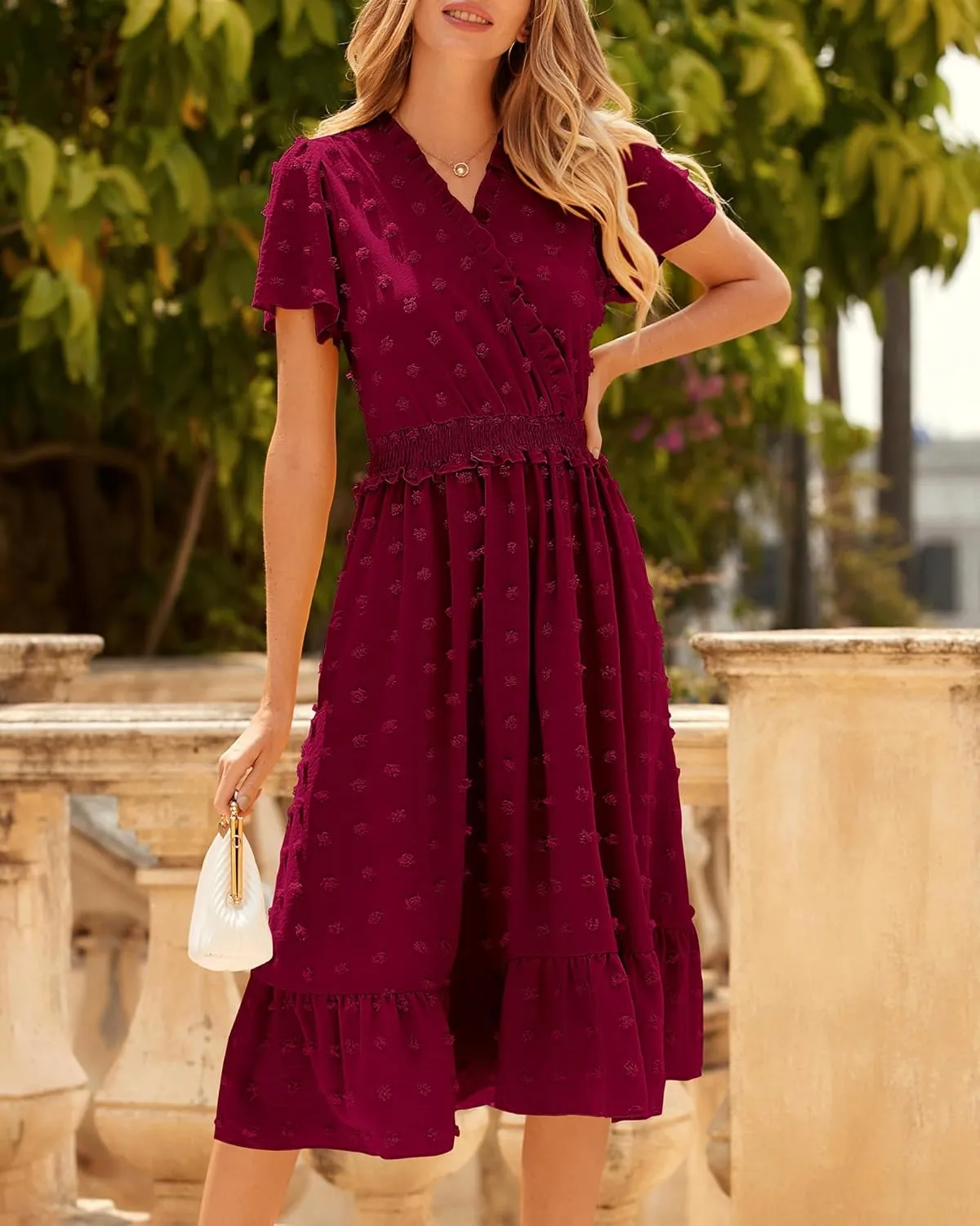 BTFBM Women Short Sleeve V Neck Swiss Dot Midi Summer Dresses 2024 Boho Ruffle Long Dresses Ruffle Wedding Guest Dress