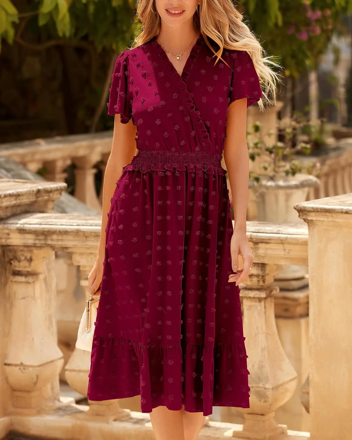 BTFBM Women Short Sleeve V Neck Swiss Dot Midi Summer Dresses 2024 Boho Ruffle Long Dresses Ruffle Wedding Guest Dress