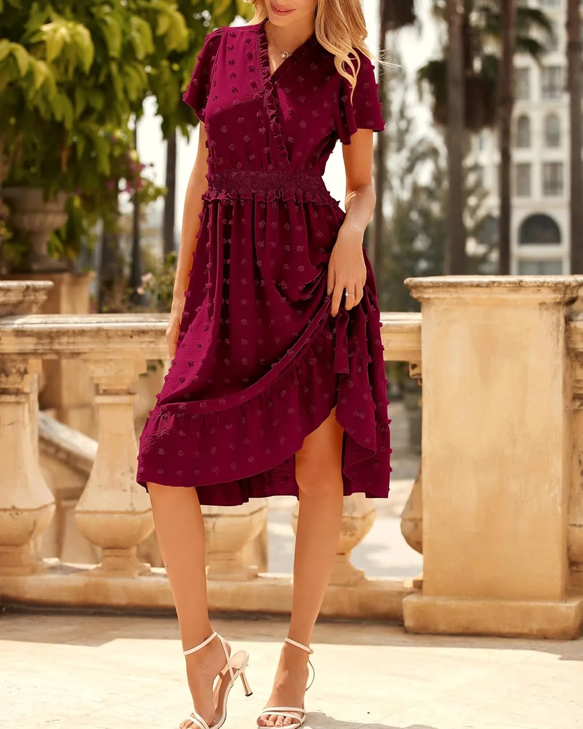 BTFBM Women Short Sleeve V Neck Swiss Dot Midi Summer Dresses 2024 Boho Ruffle Long Dresses Ruffle Wedding Guest Dress