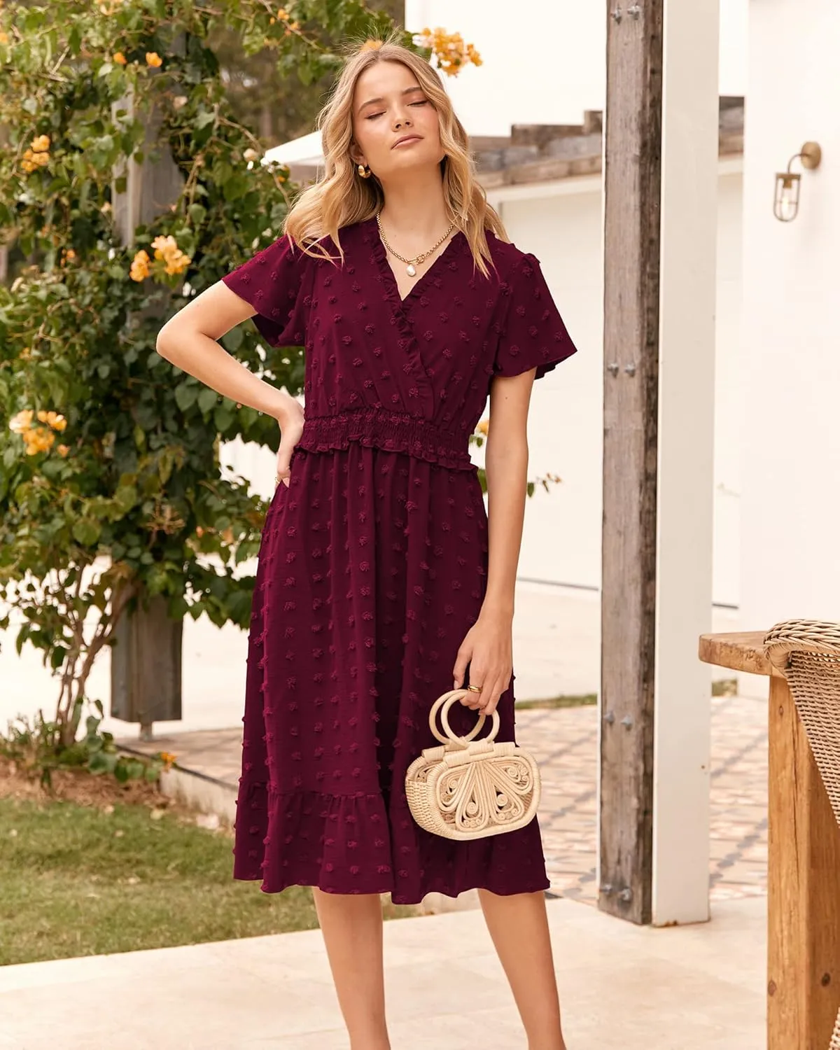 BTFBM Women Short Sleeve V Neck Swiss Dot Midi Summer Dresses 2024 Boho Ruffle Long Dresses Ruffle Wedding Guest Dress