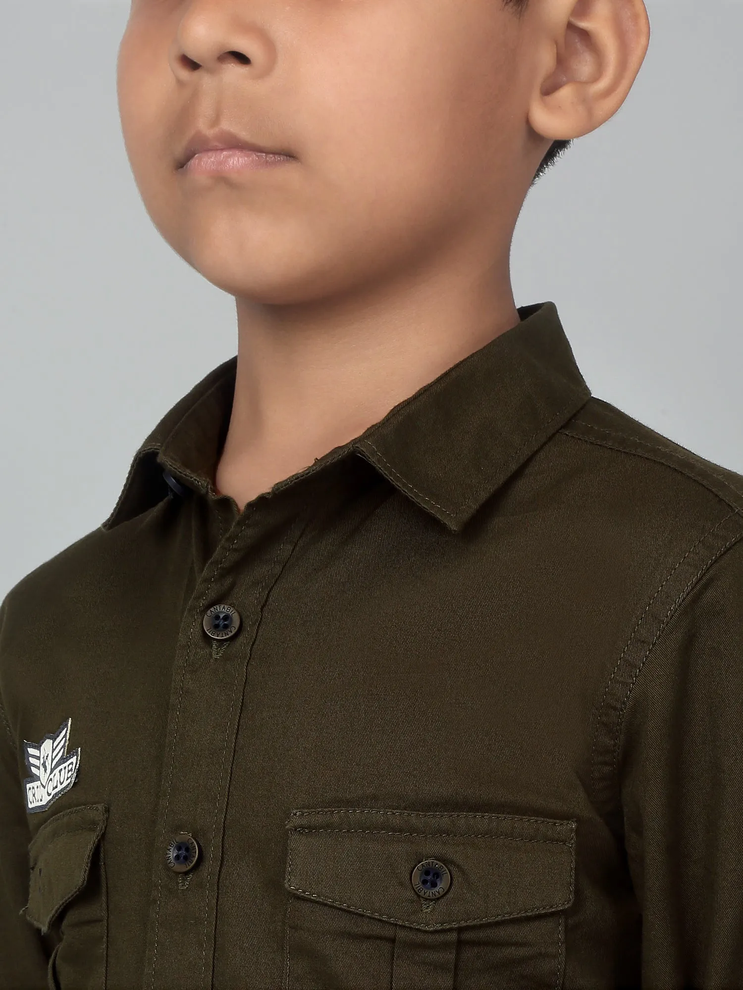 Cantabil Boy's Olive Green Solid Full Sleeves Shirt