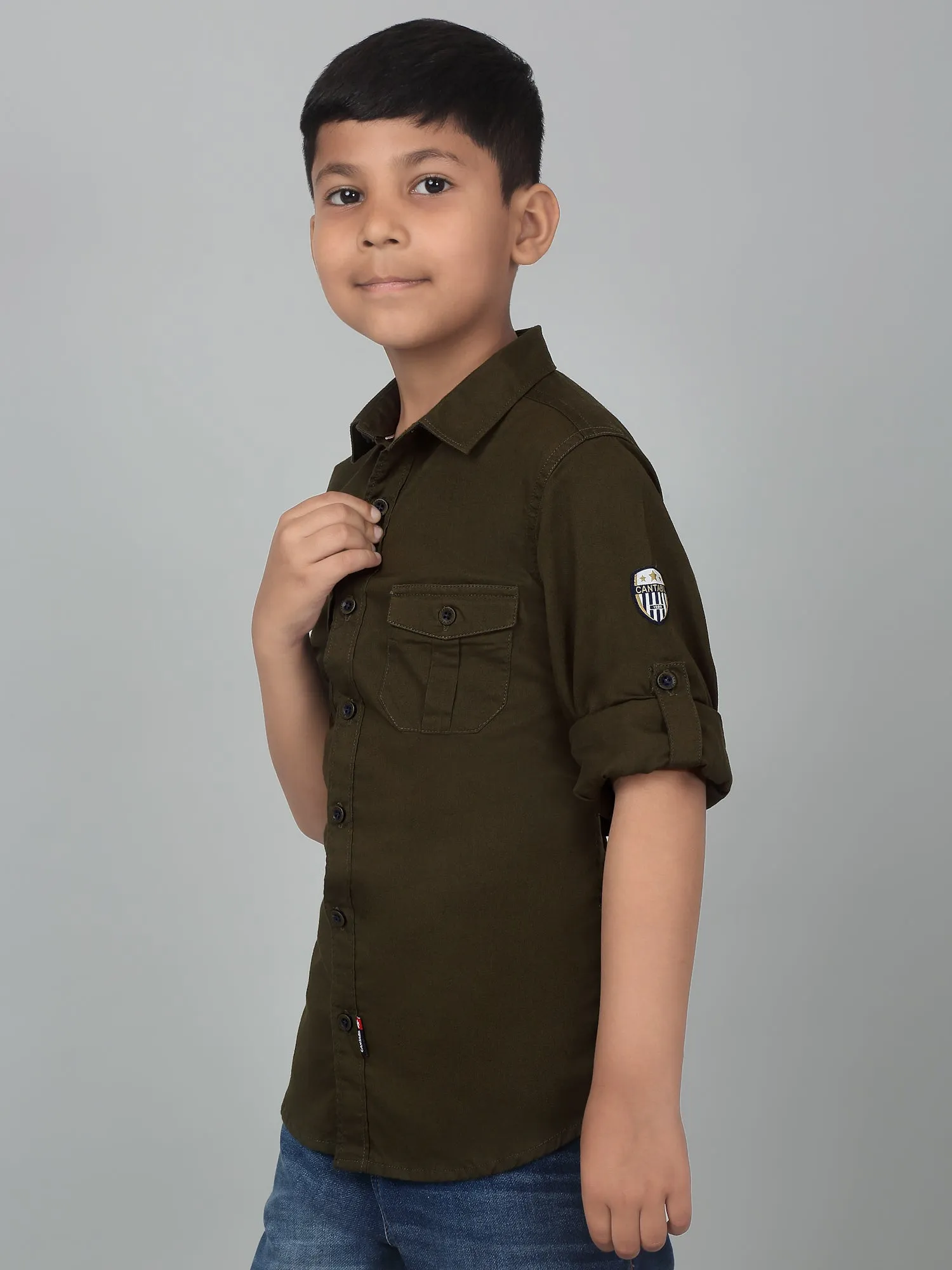Cantabil Boy's Olive Green Solid Full Sleeves Shirt