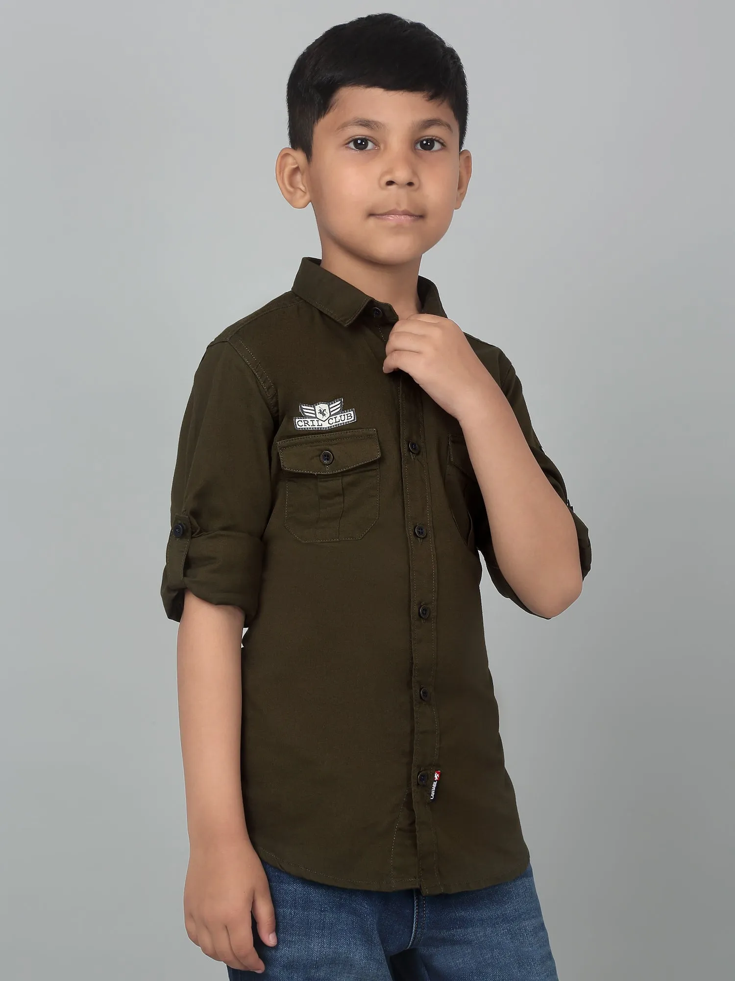 Cantabil Boy's Olive Green Solid Full Sleeves Shirt