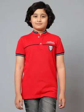 Cantabil Boy's Red Solid Mandarin Neck Half Sleeve T-shirt