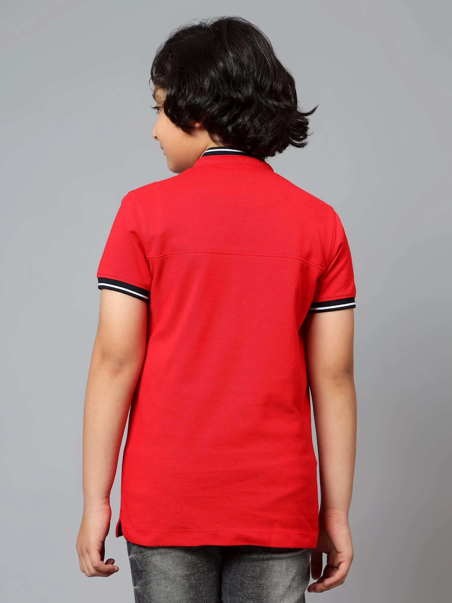 Cantabil Boy's Red Solid Mandarin Neck Half Sleeve T-shirt