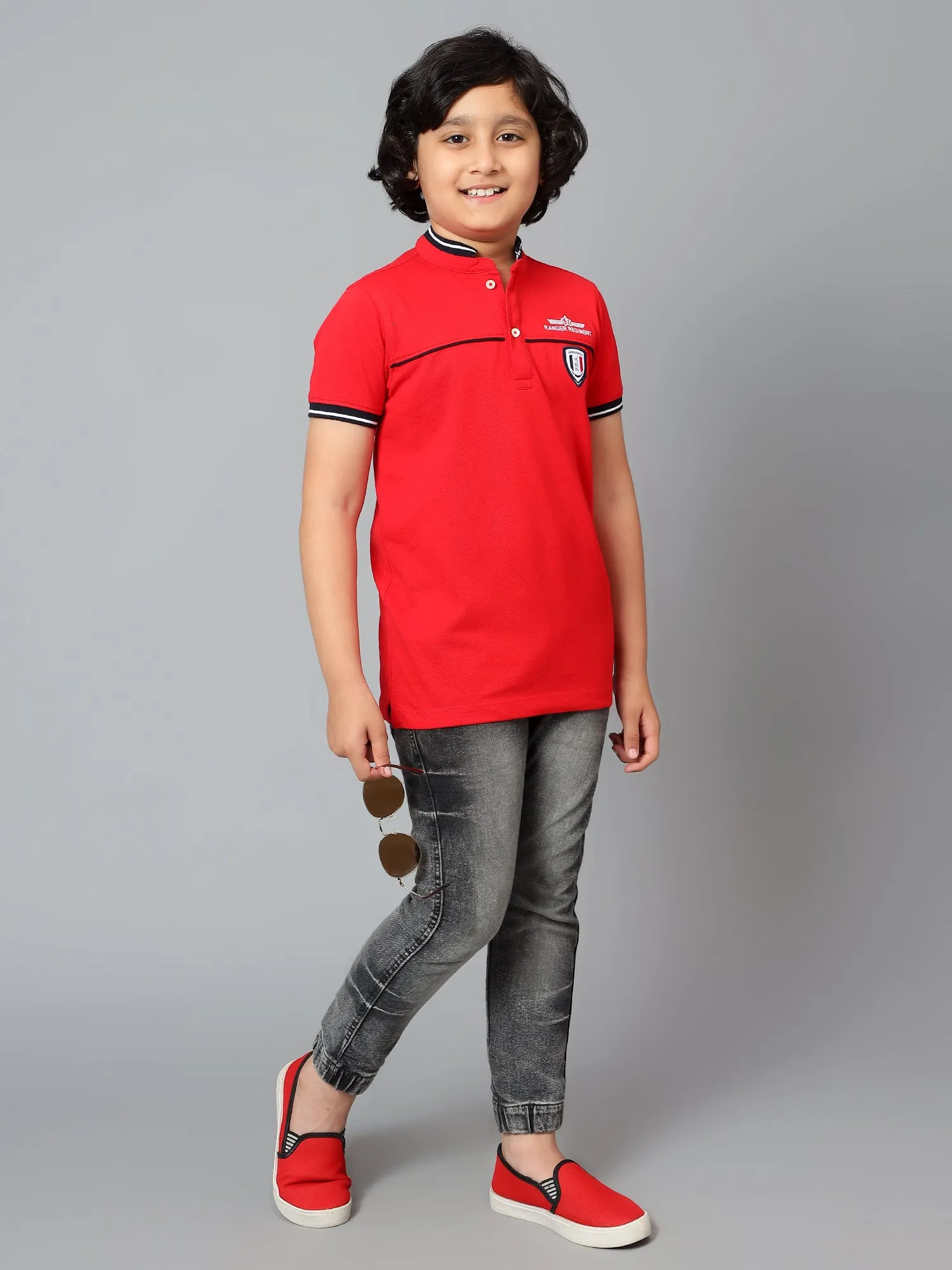 Cantabil Boy's Red Solid Mandarin Neck Half Sleeve T-shirt