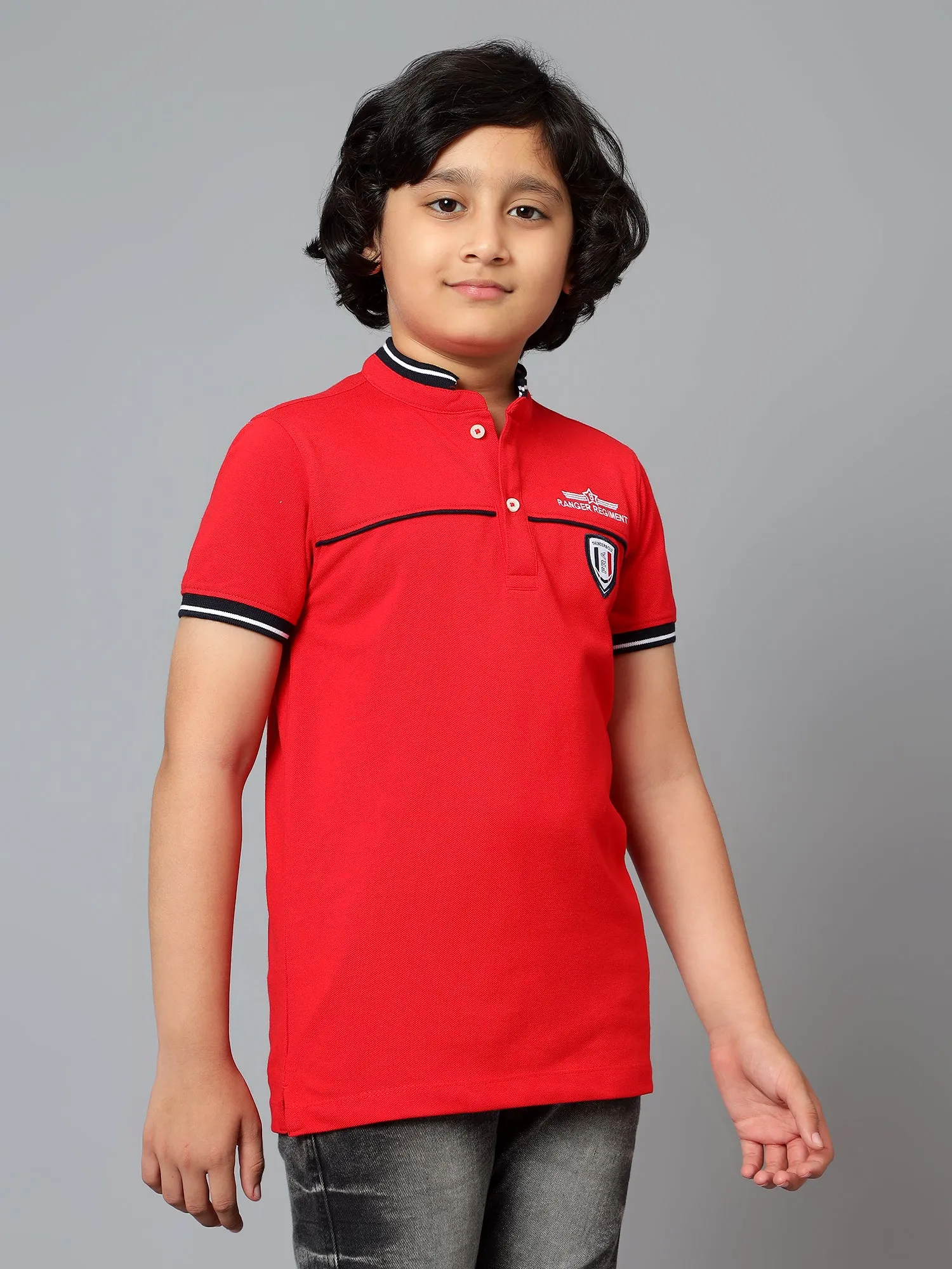Cantabil Boy's Red Solid Mandarin Neck Half Sleeve T-shirt