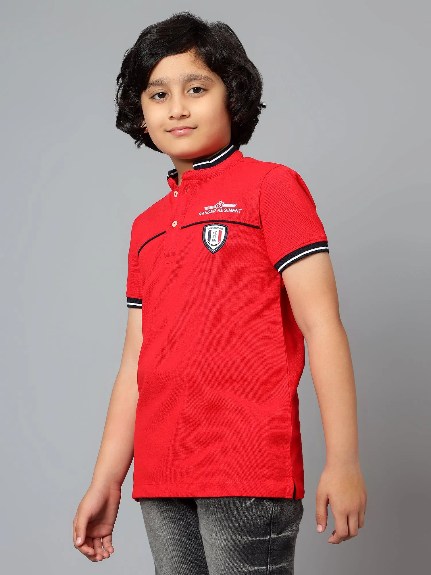 Cantabil Boy's Red Solid Mandarin Neck Half Sleeve T-shirt