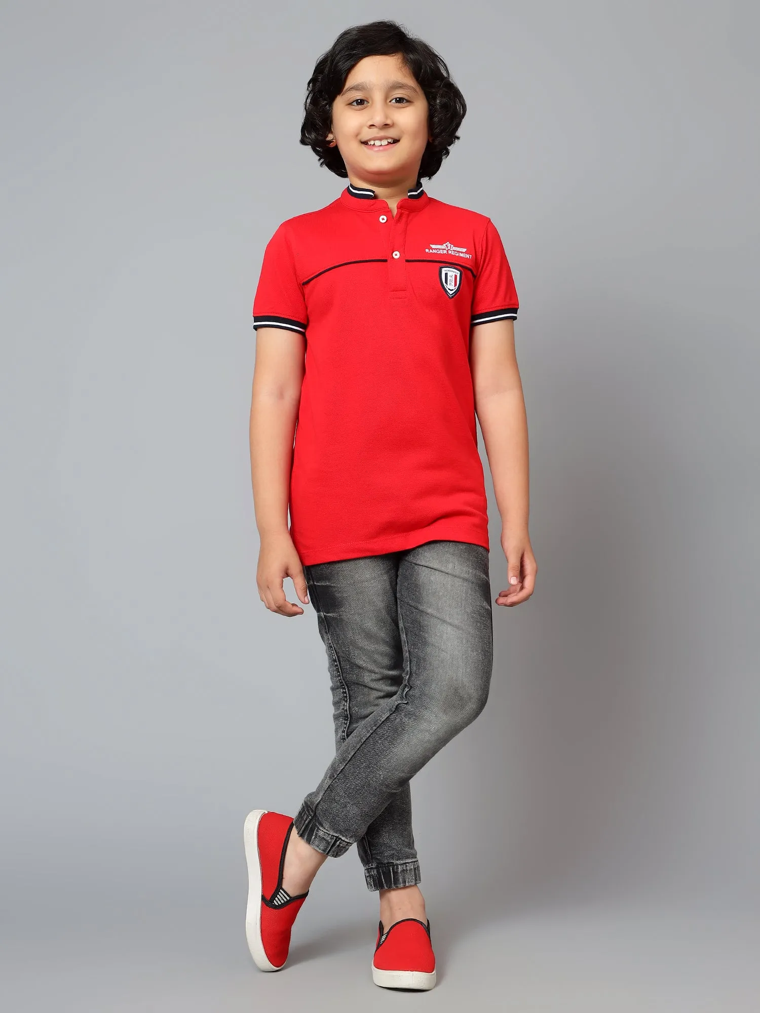 Cantabil Boy's Red Solid Mandarin Neck Half Sleeve T-shirt