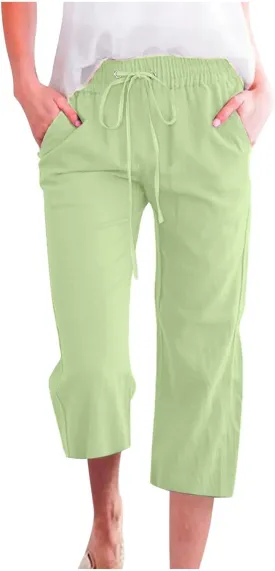 Capri Pants for Women 2025 Summer Cotton Linen Drawstring Elastic High Waist Pant Straight Wide Leg Cropped Trouser Trendy