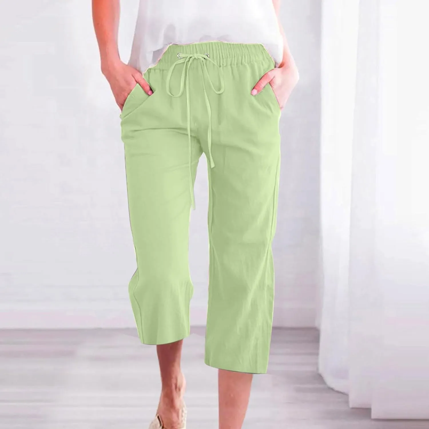 Capri Pants for Women 2025 Summer Cotton Linen Drawstring Elastic High Waist Pant Straight Wide Leg Cropped Trouser Trendy