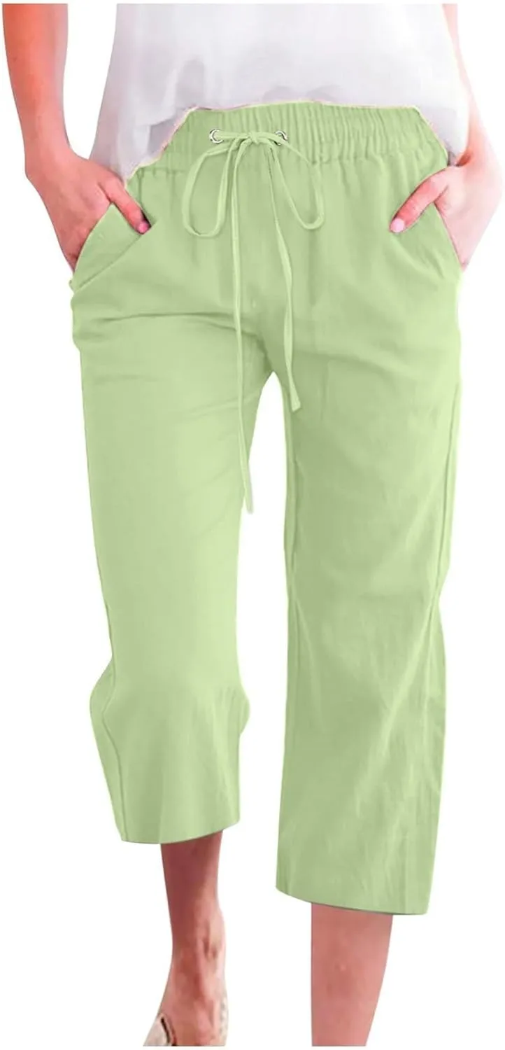 Capri Pants for Women 2025 Summer Cotton Linen Drawstring Elastic High Waist Pant Straight Wide Leg Cropped Trouser Trendy