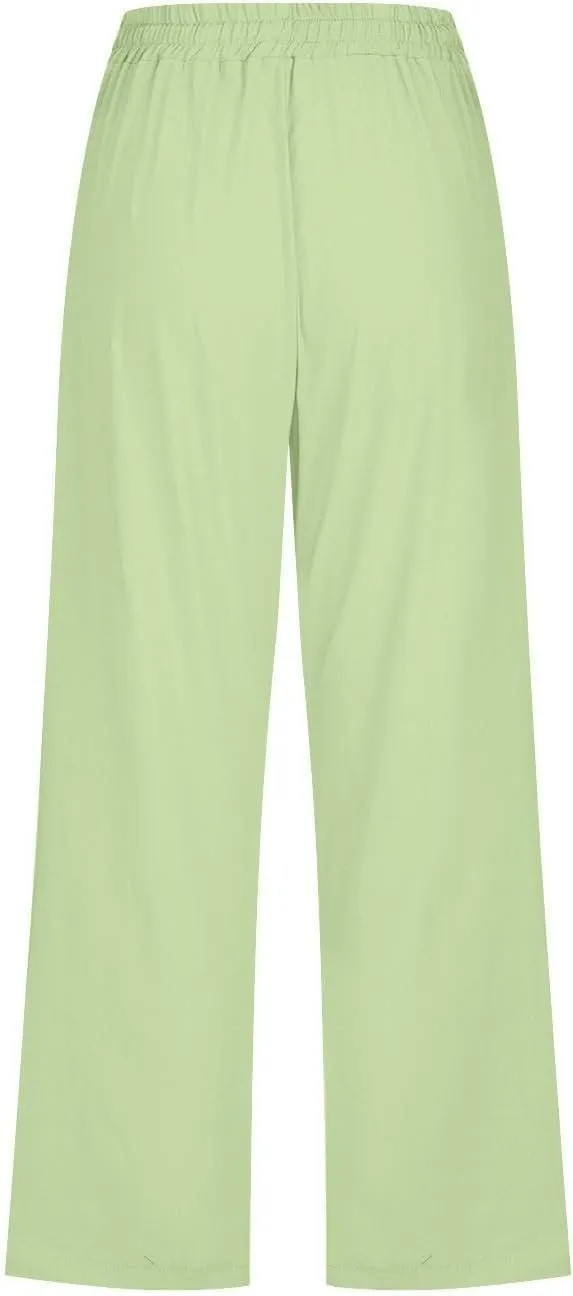 Capri Pants for Women 2025 Summer Cotton Linen Drawstring Elastic High Waist Pant Straight Wide Leg Cropped Trouser Trendy