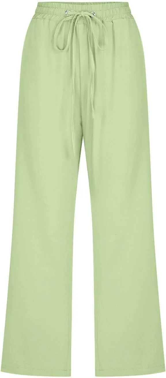 Capri Pants for Women 2025 Summer Cotton Linen Drawstring Elastic High Waist Pant Straight Wide Leg Cropped Trouser Trendy
