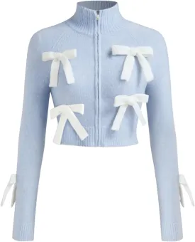 CIDER Womens Bow Knot Cardigan Knit Zip Up Jackets Color Block Mock Turtleneck Long Sleeve Crop Tops Winter Outfit