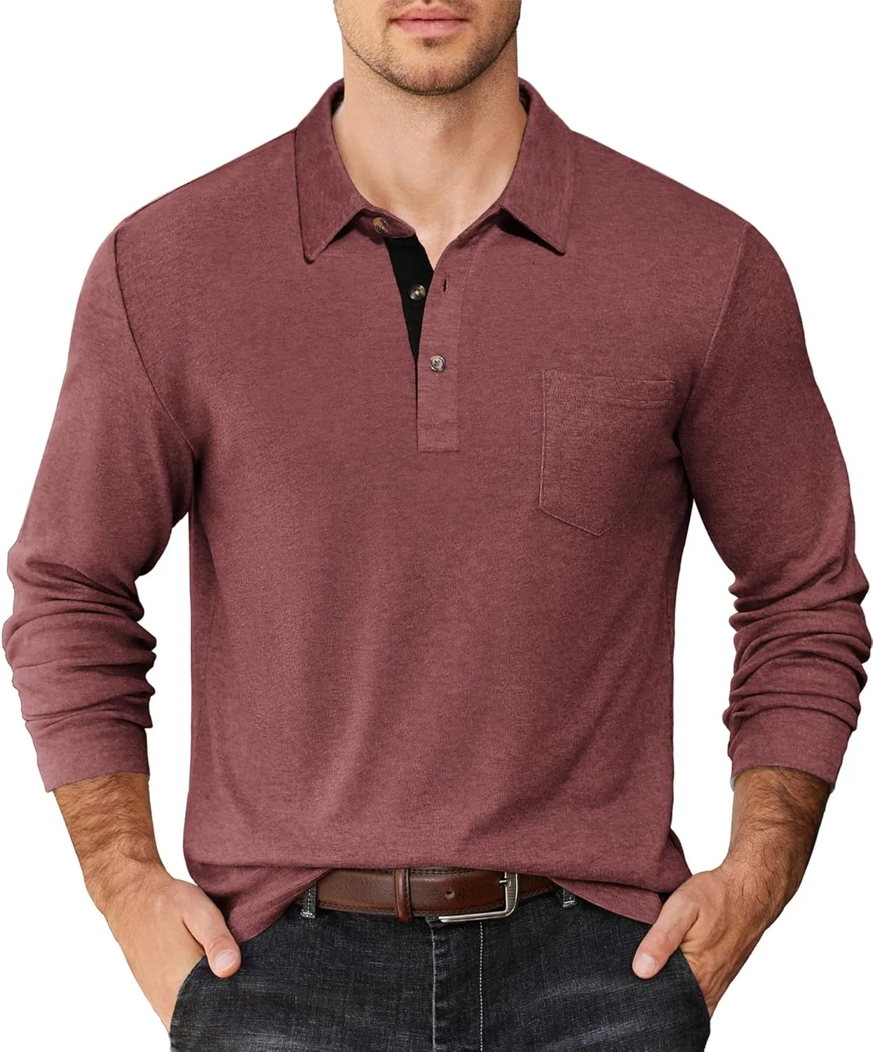COOFANDY Men's Long Sleeve Polo Shirt Casual Dress Button Polo T Shirt with Pocket Basic Lightweight Collared Golf Shirt