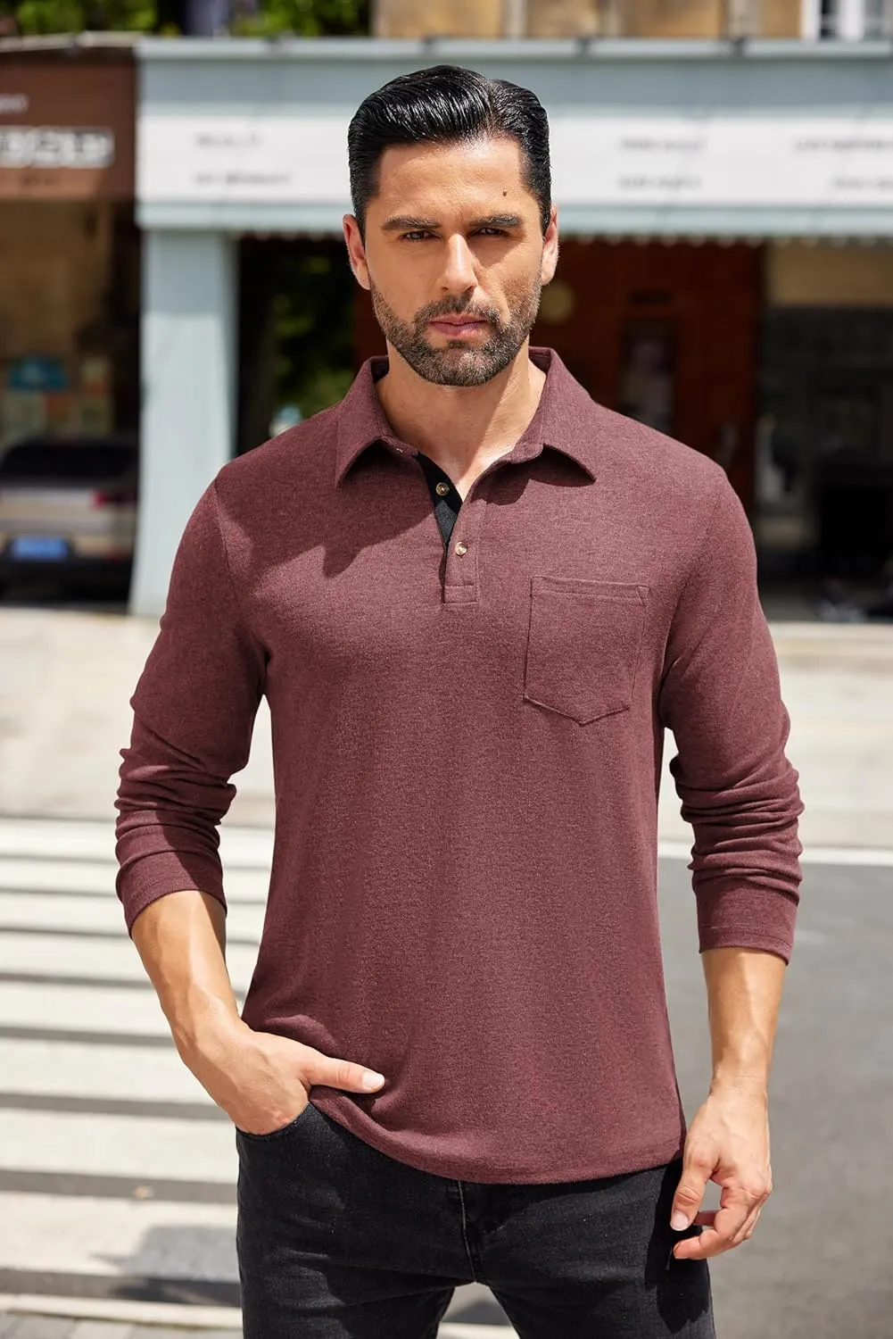 COOFANDY Men's Long Sleeve Polo Shirt Casual Dress Button Polo T Shirt with Pocket Basic Lightweight Collared Golf Shirt