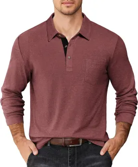 COOFANDY Men's Long Sleeve Polo Shirt Casual Dress Button Polo T Shirt with Pocket Basic Lightweight Collared Golf Shirt