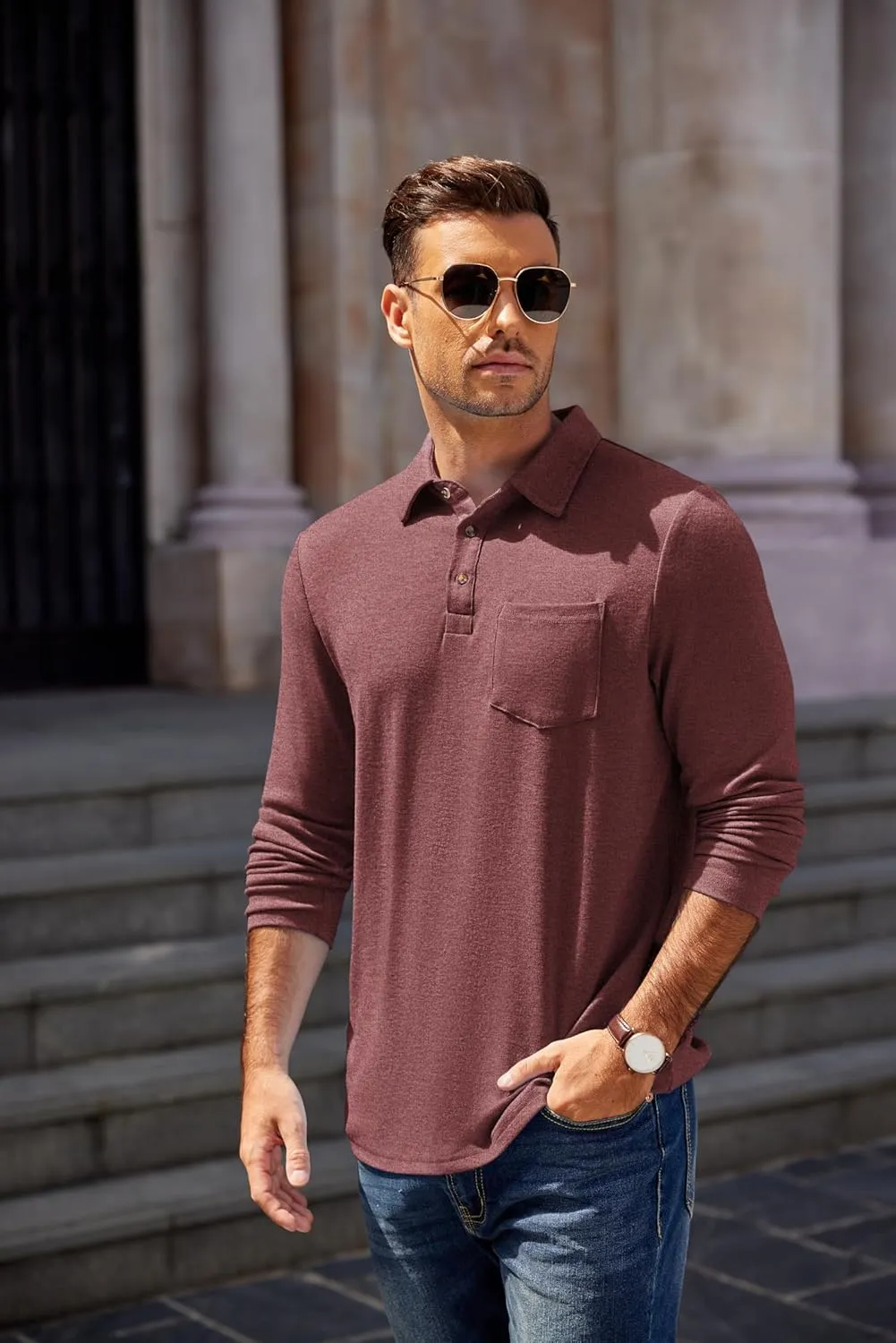 COOFANDY Men's Long Sleeve Polo Shirt Casual Dress Button Polo T Shirt with Pocket Basic Lightweight Collared Golf Shirt