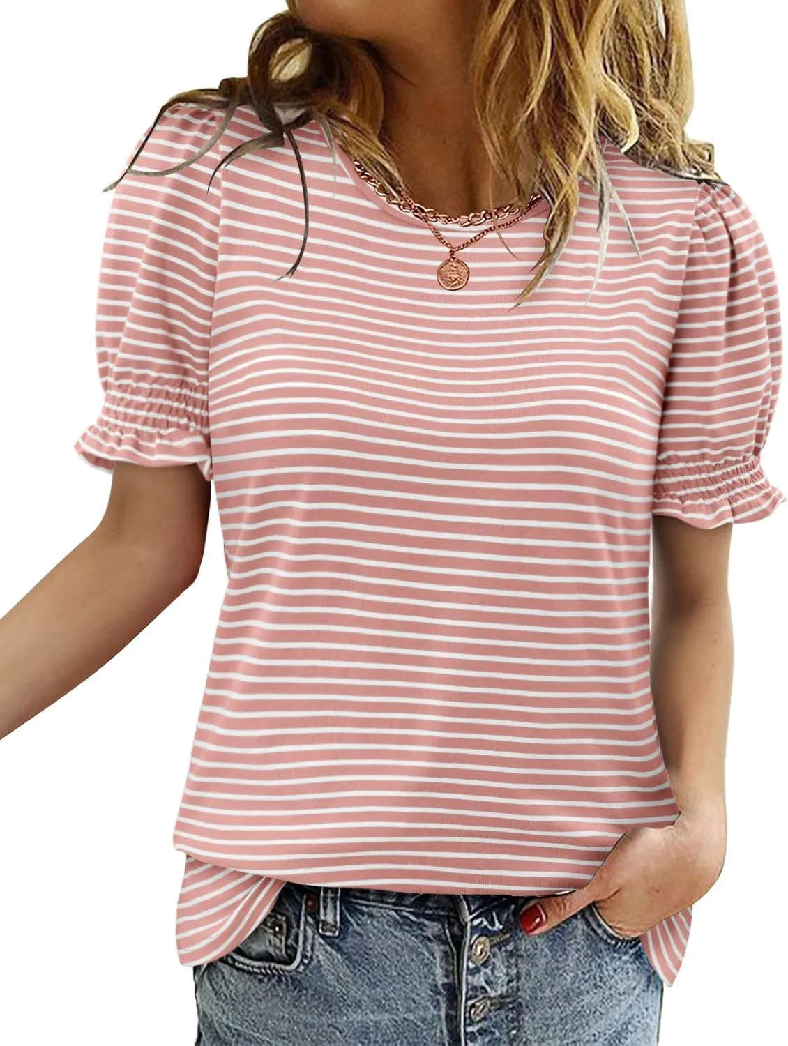 CRAZY GRID Women's Summer Tops Ruffle Short Sleeve 2025 Casual Knit Loose Fit T-Shirt