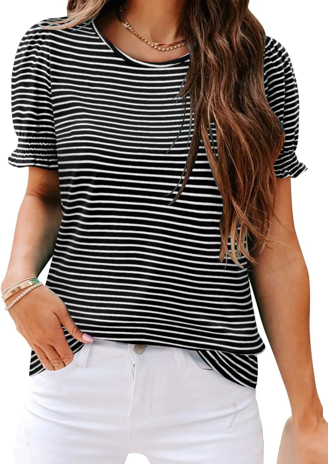CRAZY GRID Women's Summer Tops Ruffle Short Sleeve 2025 Casual Knit Loose Fit T-Shirt