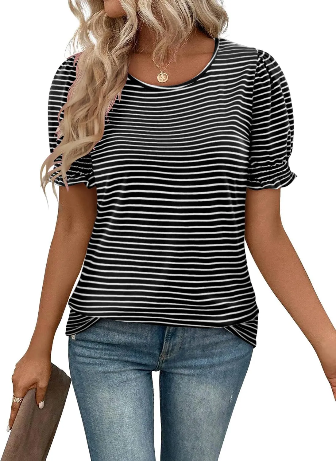 CRAZY GRID Women's Summer Tops Ruffle Short Sleeve 2025 Casual Knit Loose Fit T-Shirt