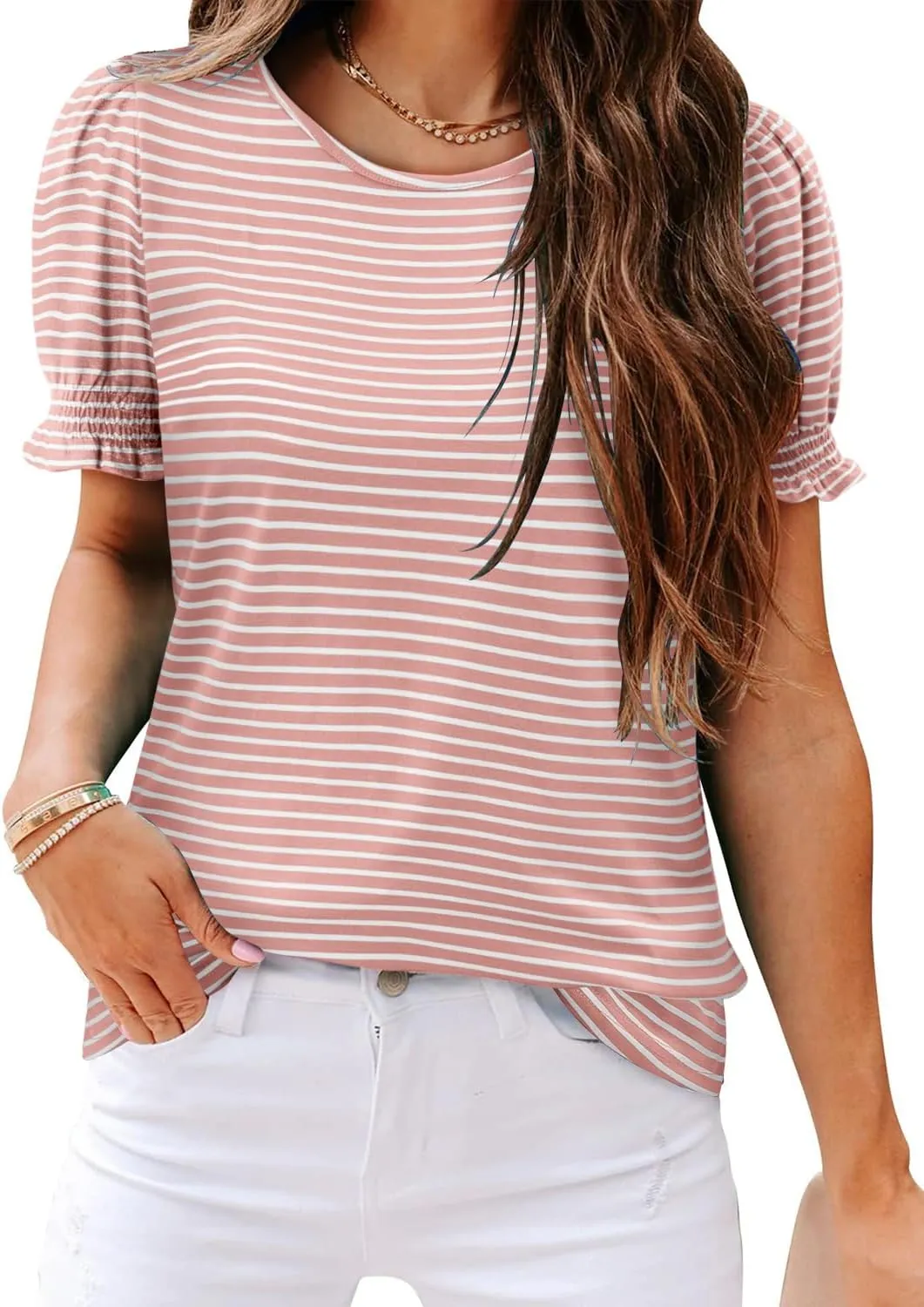 CRAZY GRID Women's Summer Tops Ruffle Short Sleeve 2025 Casual Knit Loose Fit T-Shirt