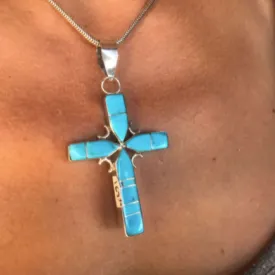 Double-Sided Inlaid Turquoise & Jet Cross Pendant