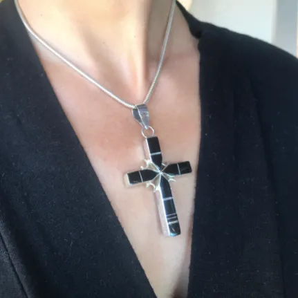 Double-Sided Inlaid Turquoise & Jet Cross Pendant